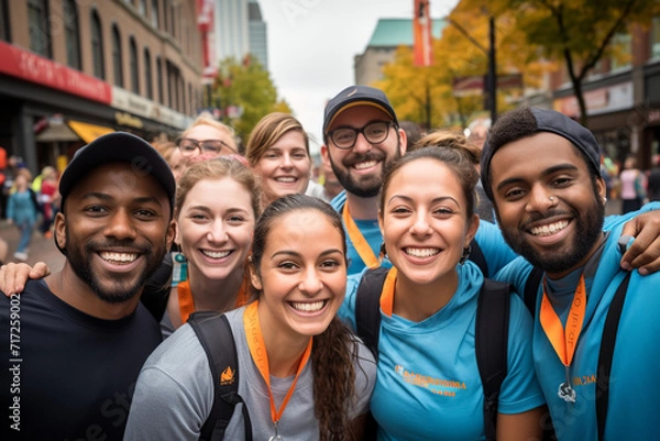Fototapeta A group of volunteers organizing a charity run to raise funds for a local cause, depicting the energy, enthusiasm, and positive impact of community-driven events.