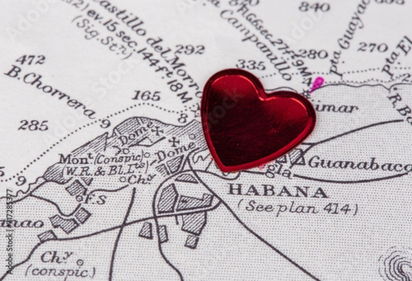 Fototapeta An old black and white navigational paper chart of the port and city of Havana, Cuba with a red heart pinned on it