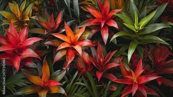 Fototapeta Tropical bromeliad plants with a mix of reds and greens generative ai
