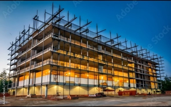 Fototapeta Skyscraper progress, construction sites development and tower cranes. 