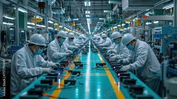 Fototapeta Asian workers working at technology production factory with industrial machines