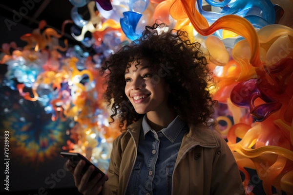Fototapeta A girl takes a selfie amidst an art installation, the dynamic colors and shapes creating a visually stunning backdrop for her creative self-expression.