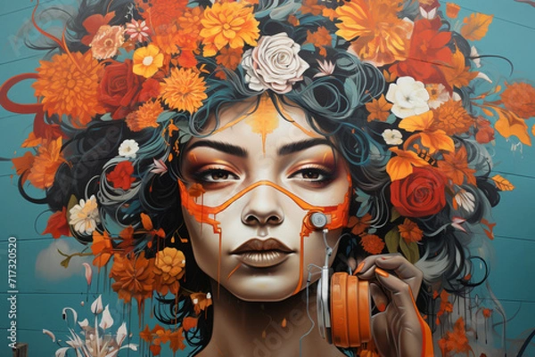 Obraz Amidst an array of street art murals, a girl takes a selfie, incorporating the vibrant colors and eclectic designs into her self-portrait.