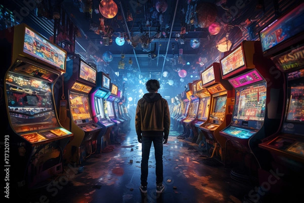 Fototapeta In an arcade filled with retro games, a guy takes a selfie, the colorful lights and playful surroundings creating a nostalgic and fun atmosphere.