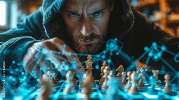 Fototapeta Dramatic portrayal of a hacker versus cybersecurity expert, a digital chess game representing strategic defense and attack