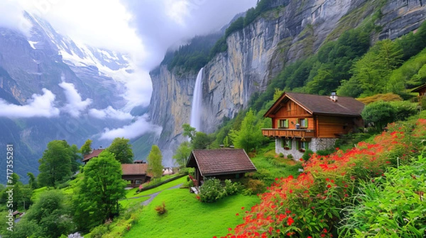 Fototapeta Mountain village nestled in the lush green meadows, surrounded by towering under a clear summer sky
