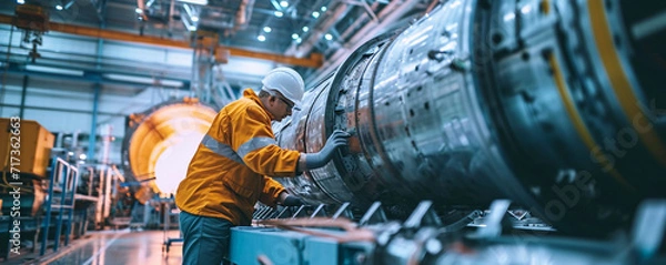 Fototapeta Rocket engineers building a rocket in an aerospace factory
