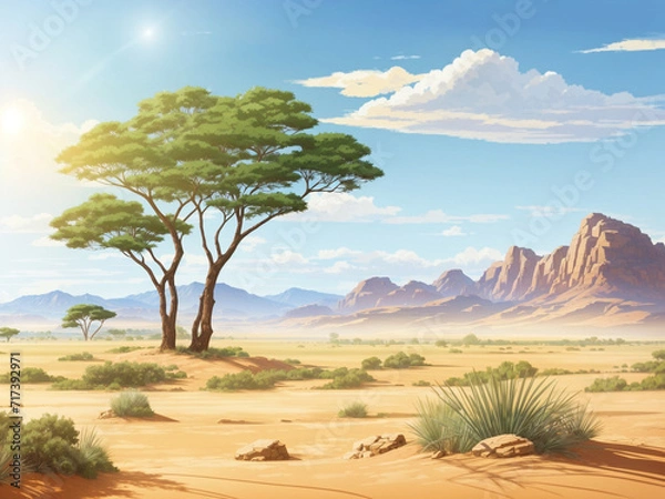 Fototapeta A landscape desert with trees and mountains in the background