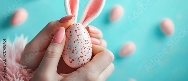Obraz Woman's nails with beautiful manicure in Easter style with flowers and decorated egg. AI generated