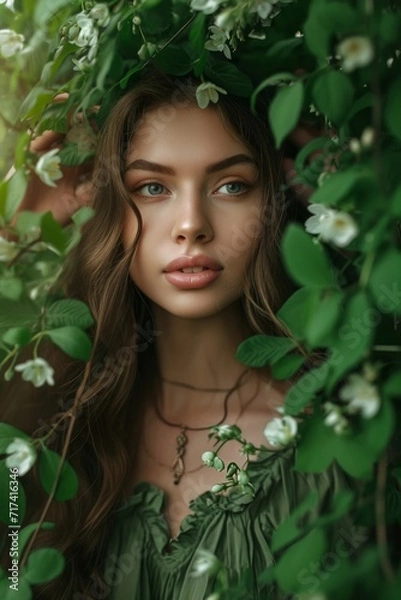 Obraz Beautiful Woman with a Radiant Smile in a Lush Green Nature, Embracing the Beauty of Nature on a Summer Day