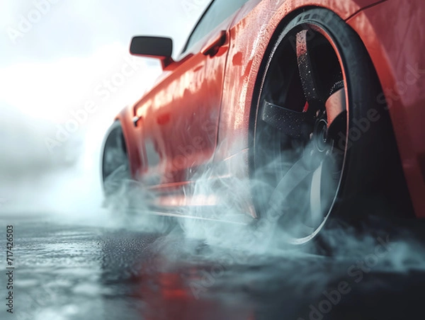 Fototapeta Drifting car. Racing car wheel drifting and smoking on the race track, Abstract texture and background black tire tracks skid on asphalt road. Tire skid marks