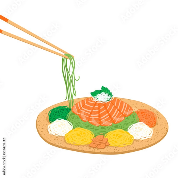 Obraz Isolated Yu Sheng, chopsticks mixing prosperity fish raw salad . Isolated close up Yu Sheng vector illustration.New year plate with chopsticks, Chinese New Year, salmon dish. 