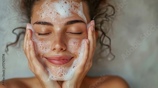 Fototapeta Smiling young woman washing foam face by natural foamy gel. Satisfied girl with bare shoulders applying cleansing beauty product on cheeks and closes her eyes. Personal hygiene, skincare daily routine