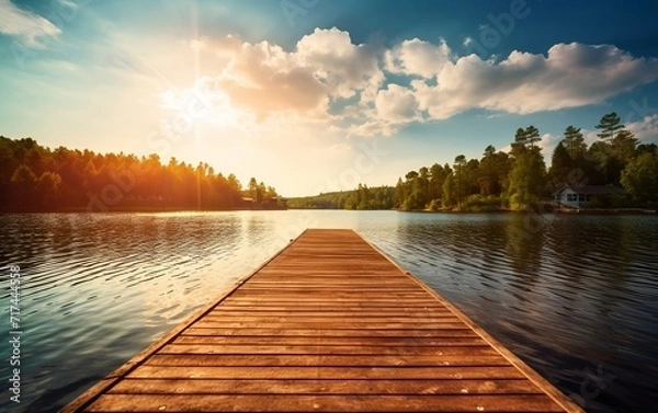 Fototapeta A pier on a lake with clouds and a beautiful landscape