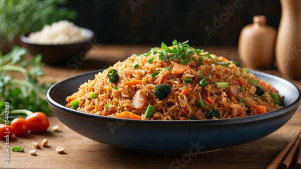 Fototapeta savory essence of Kimchi fried rice on a wooden table the dish from a side view, focusing on the medley of colorful vegetables, aromatic rice, and the tantalizing blend of flavors