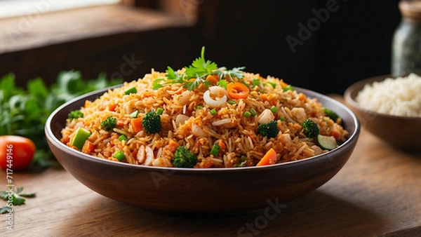 Fototapeta savory essence of Kimchi fried rice on a wooden table the dish from a side view, focusing on the medley of colorful vegetables, aromatic rice, and the tantalizing blend of flavors