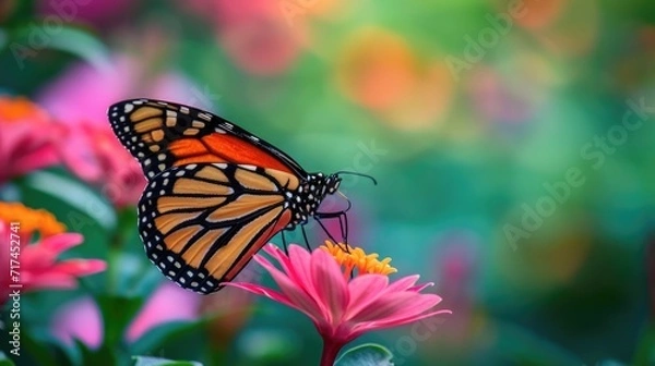 Fototapeta Closeup of a lone monarch erfly perched on a fuchsia flower in an urban garden its intricate black and orange patterns standing out against the backdrop of surrounding greenery.