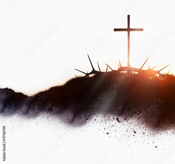 Obraz The background of the cross and crown of thorns symbolizing the sacrifice and suffering of Jesus Christ, and the concept of Passion Week, Lent, and Easter with a red sunset
