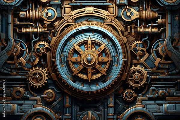 Fototapeta A steampunk-inspired illustration of gears and machinery seamlessly integrated with ruled lines, creating an intricate and mechanical composition.