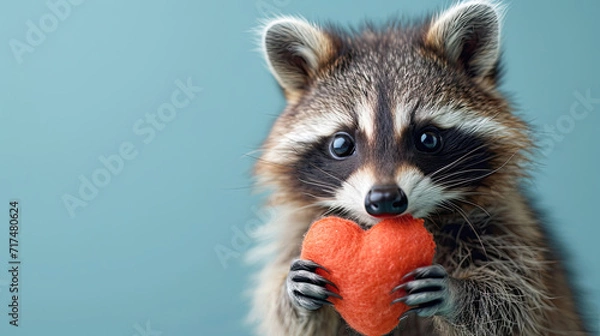 Fototapeta cute happy racoon placed a stuffed heart shape on the head isolated on pastel.Generative AI