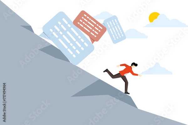 Fototapeta Overcommunication concept, frustrated businessman running away from pile of collapsing online speech bubbles, too many messages or spam, inefficient discussion or meeting concept. vector illustration.