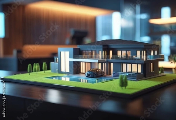 Fototapeta concept 3d render miniature model maquette of small skyscraper building on table in real estate agency. signing mortgage contract document demonstrating. futuristic business.