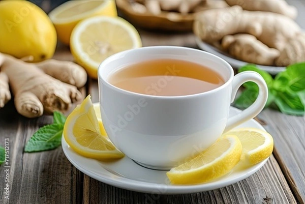 Fototapeta Cup holds ginger tea with lemon