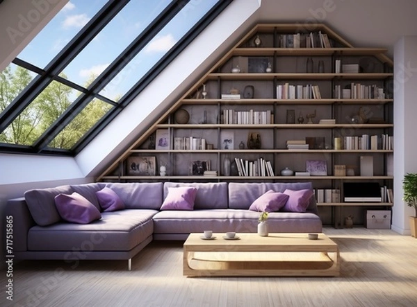 Obraz a modern living room with a large window, a gray sofa, a wooden coffee table, and a bookshelf. The room is decorated with purple pillows