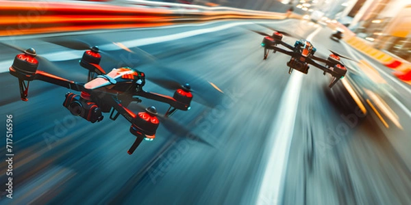 Fototapeta high speed racing drones in action, motion blurred city street