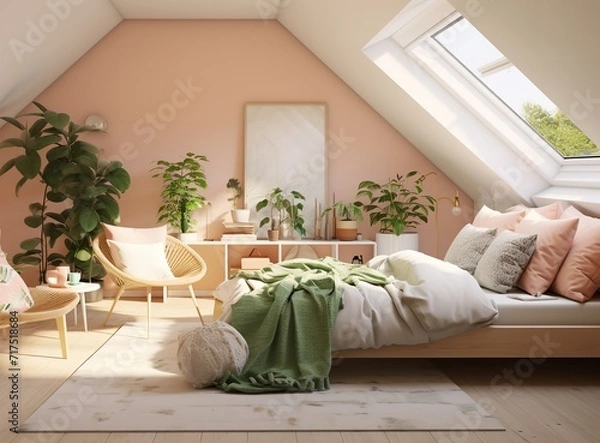 Fototapeta A cozy bedroom with a made bed, wooden chair with black cushion, and potted plants on the floor and nightstands. The bed has a blanket, and the room has white walls and a window with white curtains.
