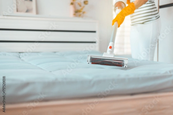 Obraz Housekeeper cleaning mattress with electronic vacuum cleaner in bedroom