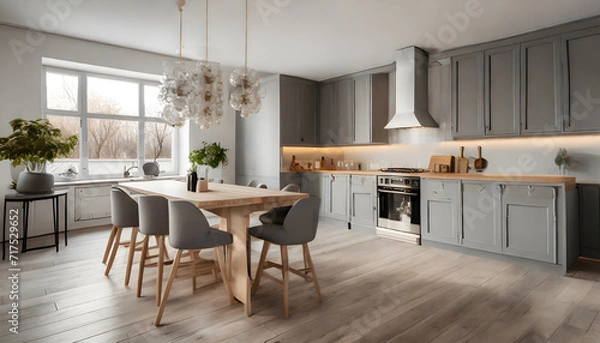 Fototapeta Bright kitchen interior with gray furniture and big dining table. Generative AI.