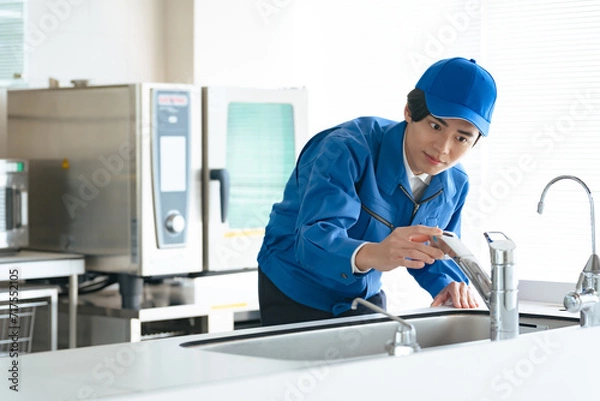 Obraz 水道を点検する作業員　水道業者　修理業者　ハウスクリーニング