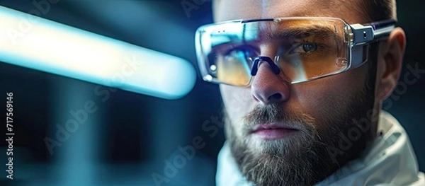 Fototapeta future technology concept handsome man with futuristic glasses. Copy space image. Place for adding text or design