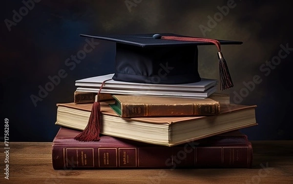 Fototapeta A pile of books on a table with a black graduation cap on top. generative AI