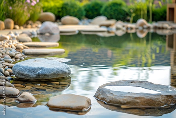 Fototapeta minimalist reflection pool as the fountain of life, with calm water and surrounding stones, creating a peaceful and contemplative scene in a minimalistic style