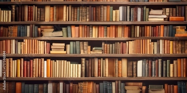 Obraz A photo of a row of books on a library shelf that provides various kinds of book titles. generative AI