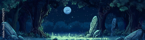 Obraz w środku lasu nocą przy świetle księżyca w stylu pixel art, tło pixel art, las nocą, tło gry RPG, tło o proporcji 32:9