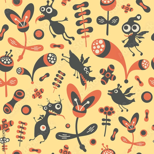 Fototapeta Colorful seamless pattern with happy monsters and flowers.