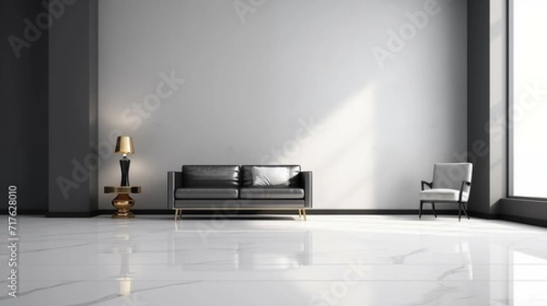 Fototapeta The airy window view with a sofa in modern living room.