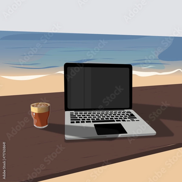 Fototapeta Laptop and coffee on the table. On the beach. Freelancing