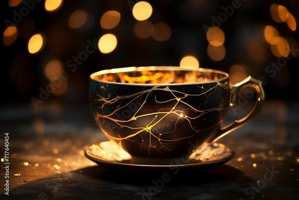 Fototapeta Elegant kintsugi tea cup shines on black backdrop with captivating bokeh ambiance.