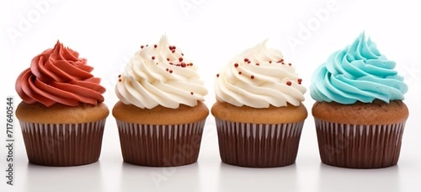Fototapeta four cupcakes with colored frosting on a white background