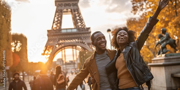 Obraz Young couple by Eiffel tower at sunset in Paris the city of love by Ai generate.