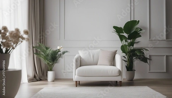Fototapeta a minimalist room with a single chair and a flower pot, wall color in white tones
