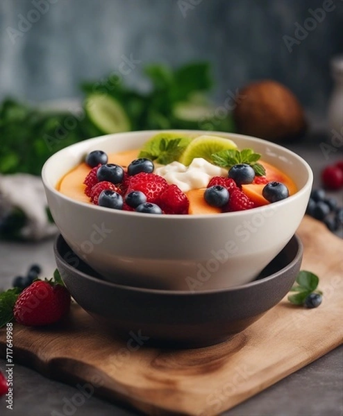 Fototapeta bowl with delicious and healthy smoothie, vegan food, above view
