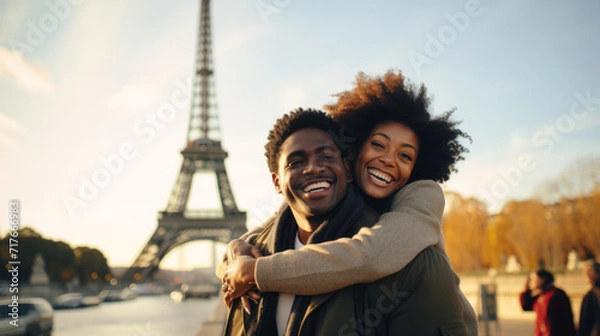 Fototapeta Young couple by Eiffel tower at sunset in Paris the city of love by Ai generate.