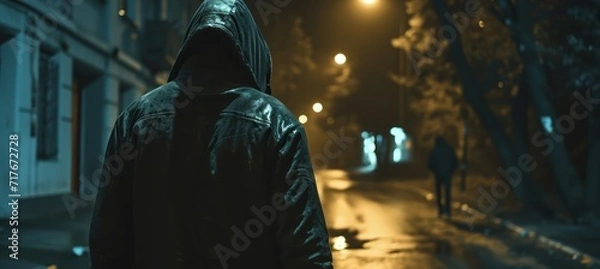 Fototapeta Hooded criminal robber follow a person at night street. Generative AI technology.	
