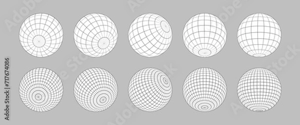 Fototapeta Wireframe sphere set isolated.  Striped 3D balls, geometry globe grid collection in different positions