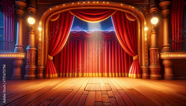 Fototapeta Red curtain theater stage, a traditional setting for performing arts.
Generative AI.